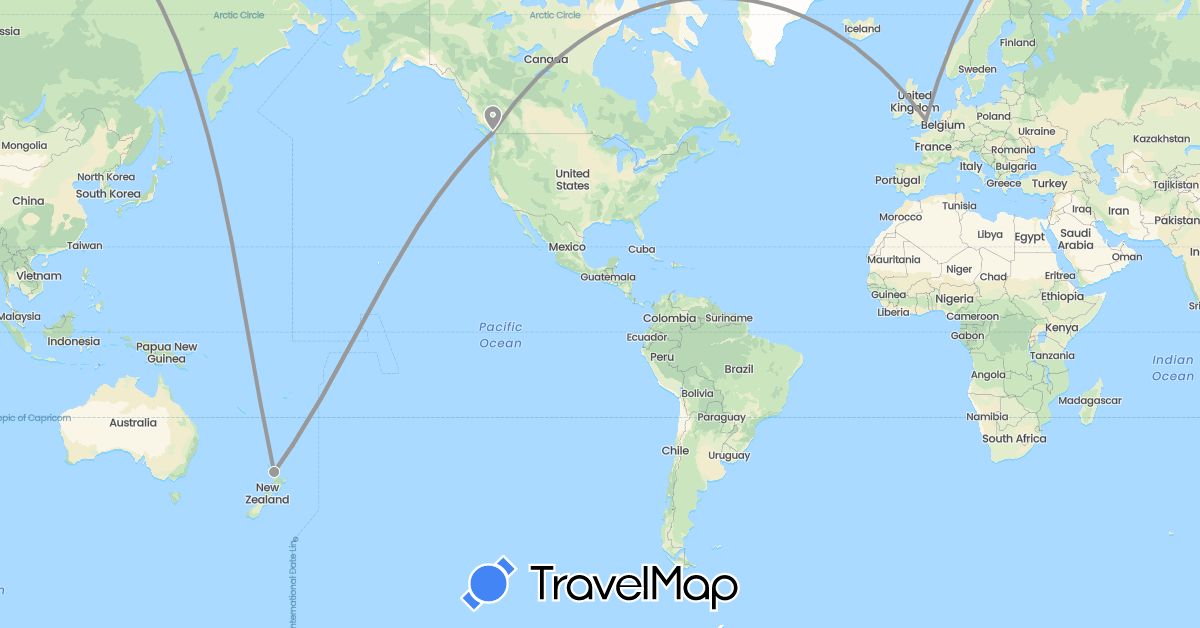 TravelMap itinerary: driving, plane, hiking in Canada, United Kingdom, New Zealand (Europe, North America, Oceania)